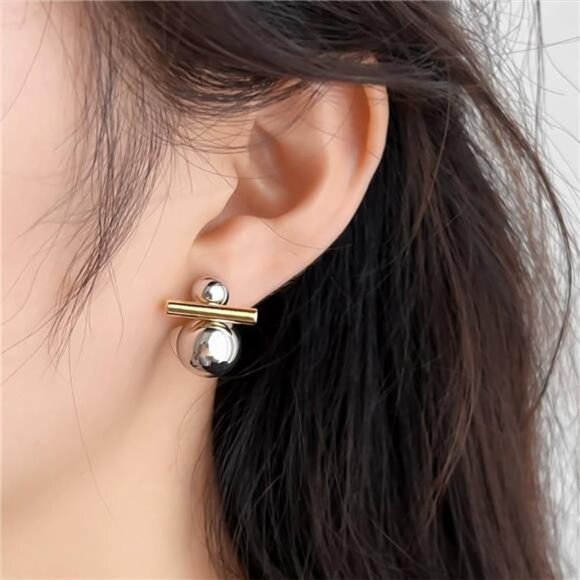 2-in-1 Two-Tone Geometric Earrings | Gold & Silver Chunky Statement Jewelry - Picture 1 of 4